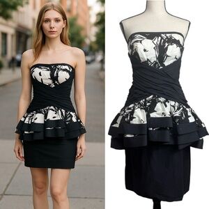 Cache Black White 80s Style Peplum strapless dress